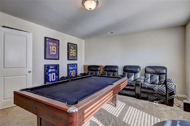 rec room featuring carpet flooring, billiards, and visible vents