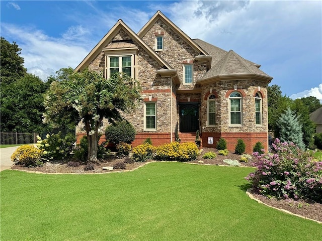 craftsman-style home featuring a shingled roof, a front yard, stone siding, and brick siding