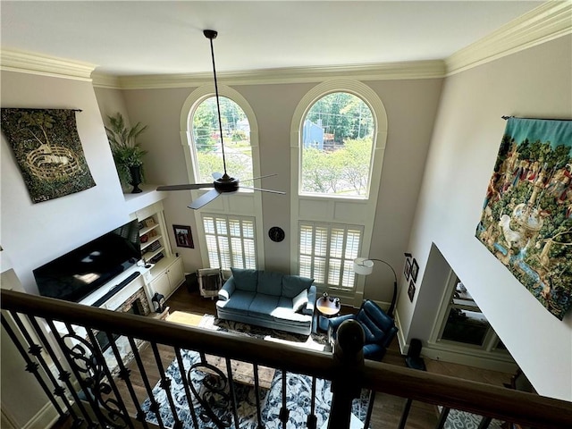 living area with a ceiling fan, crown molding, a high ceiling, and wood finished floors