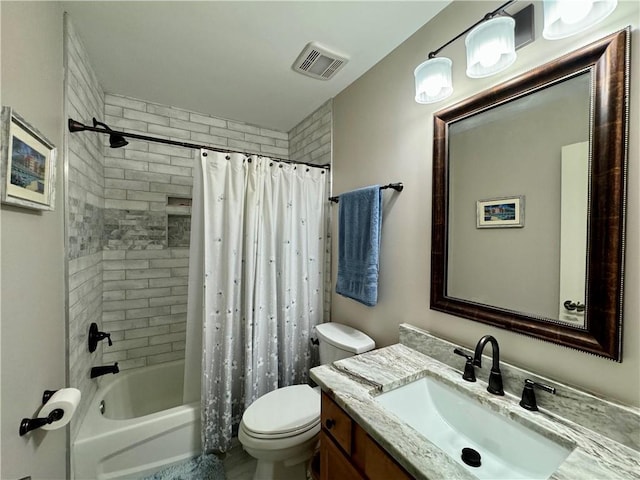 full bath featuring toilet, shower / tub combo, vanity, and visible vents