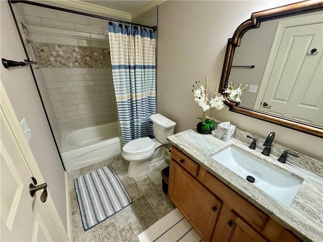 bathroom with toilet, ornamental molding, shower / bath combo, and vanity