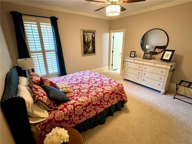 bedroom with a ceiling fan, light carpet, crown molding, and baseboards