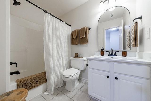 full bath with tile patterned floors, visible vents, shower / bathtub combination with curtain, toilet, and vanity