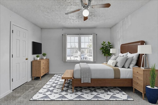 bedroom featuring light carpet, a textured ceiling, a ceiling fan, and baseboards