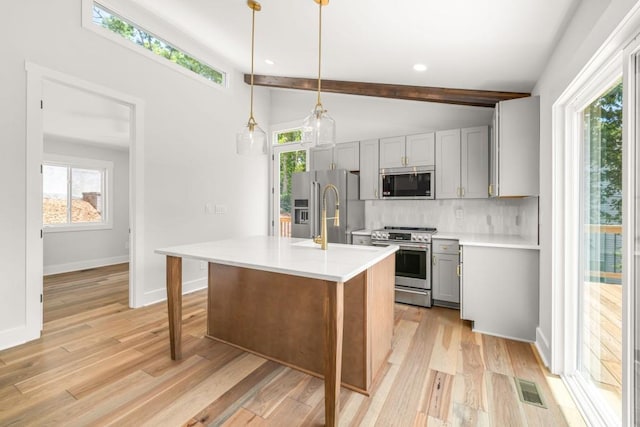 kitchen featuring visible vents, lofted ceiling with beams, backsplash, gray cabinetry, and appliances with stainless steel finishes