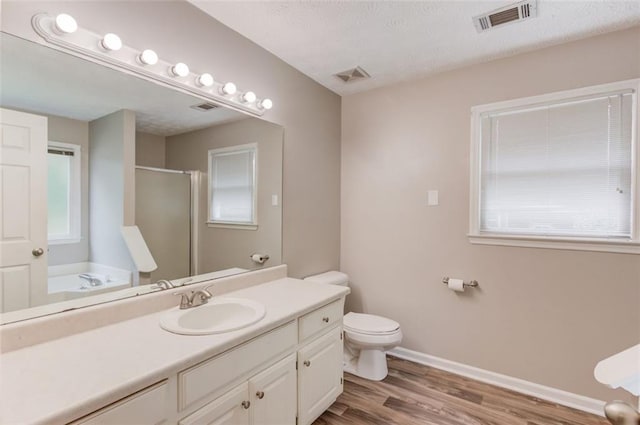 1980 Mcconnell Rd, Grayson, GA 30017 - bathroom with vanity, a shower stall, wood finished floors, toilet, and healthy amount of natural light