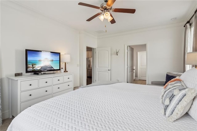 4020 Huron Dr, Cumming, GA 30028 - bedroom with ornamental molding, a ceiling fan, and freestanding refrigerator