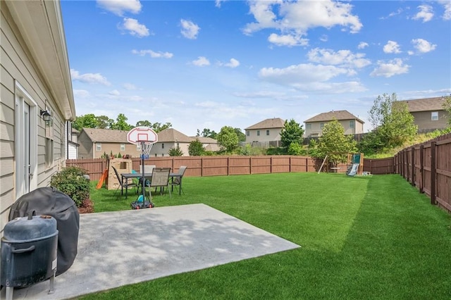 4020 Huron Dr, Cumming, GA 30028 - fenced backyard featuring a patio, a playground, a residential view, and outdoor dining space