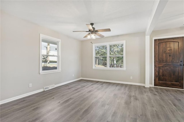 interior space with hardwood / wood-style floors, plenty of natural light, and ceiling fan