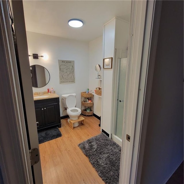 bathroom with vanity, wood-type flooring, and toilet