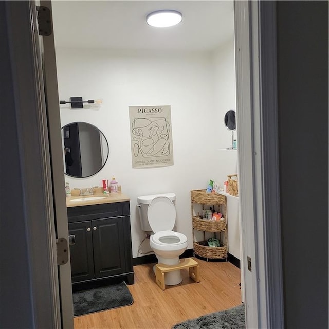 bathroom featuring vanity, wood-type flooring, and toilet