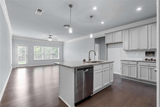 kitchen with dark hardwood / wood-style floors, dishwasher, ornamental molding, and ceiling fan