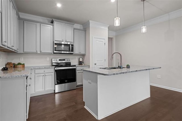 kitchen with stainless steel appliances, sink, crown molding, an island with sink, and dark hardwood / wood-style flooring