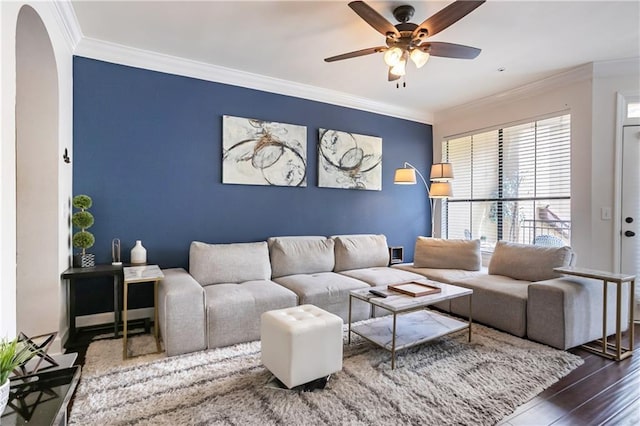 3777 Peachtree Rd NE Unit 1326, Atlanta, GA 30319 - living area featuring arched walkways, ceiling fan, wood finished floors, ornamental molding, and an accent wall