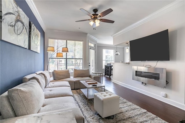 3777 Peachtree Rd NE Unit 1326, Atlanta, GA 30319 - living area featuring ornamental molding, dark wood-style flooring, and ceiling fan