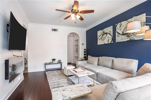 3777 Peachtree Rd NE Unit 1326, Atlanta, GA 30319 - living room with arched walkways, ceiling fan, ornamental molding, and hardwood / wood-style flooring