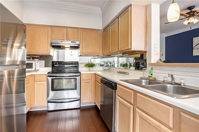 3777 Peachtree Rd NE Unit 1326, Atlanta, GA 30319 - kitchen with stainless steel appliances, under cabinet range hood, ornamental molding, light brown cabinets, and light countertops