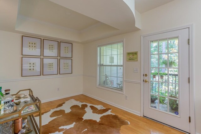 3636 Habersham Rd Unit 2307, Atlanta, GA 30305 - doorway with baseboards, a raised ceiling, and wood finished floors