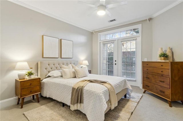 bedroom featuring access to outside, light colored carpet, visible vents, and crown molding