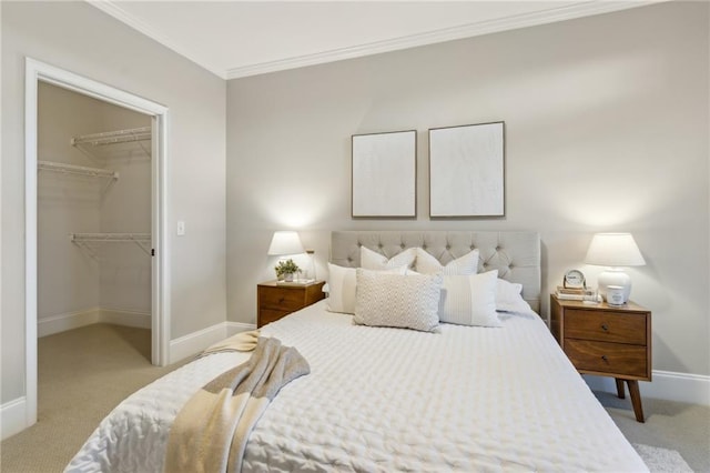 carpeted bedroom featuring baseboards, a spacious closet, ornamental molding, and a closet