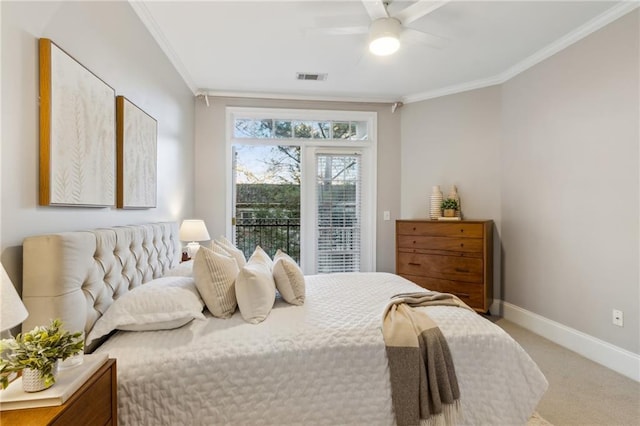 bedroom featuring light colored carpet, visible vents, ornamental molding, access to outside, and baseboards