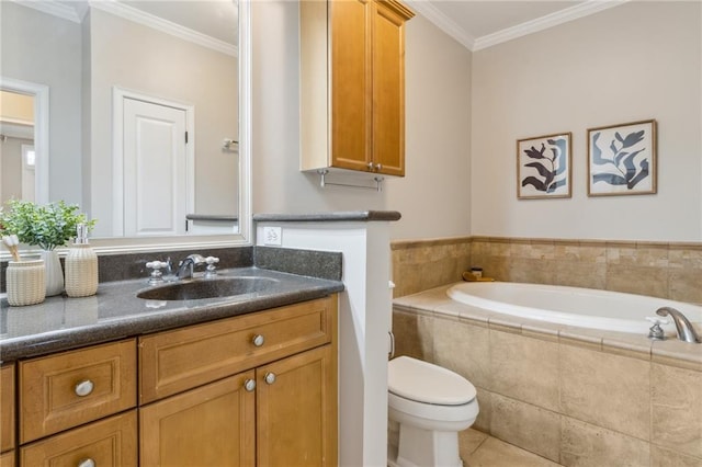 full bathroom with a garden tub, crown molding, toilet, vanity, and tile patterned floors