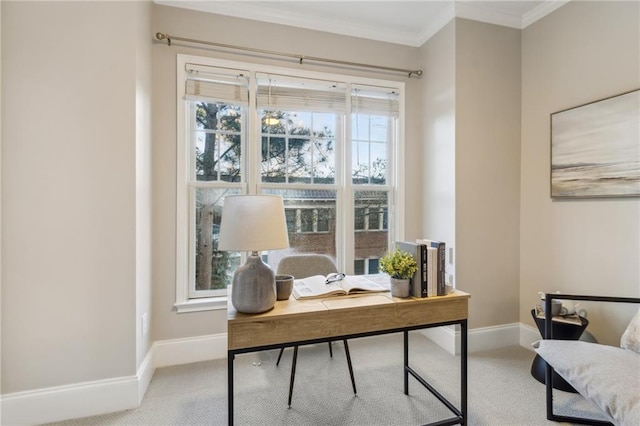 carpeted office with baseboards and crown molding