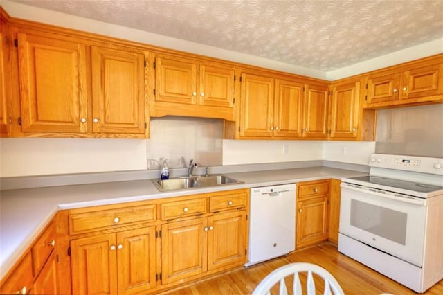 kitchen featuring sink, white appliances, a textured ceiling, and light hardwood / wood-style flooring