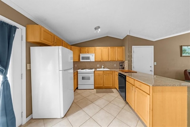1822 N Rock Springs Rd NE Unit 24, Atlanta, GA 30324 - kitchen featuring white appliances, a peninsula, vaulted ceiling, light tile patterned flooring, and ornamental molding