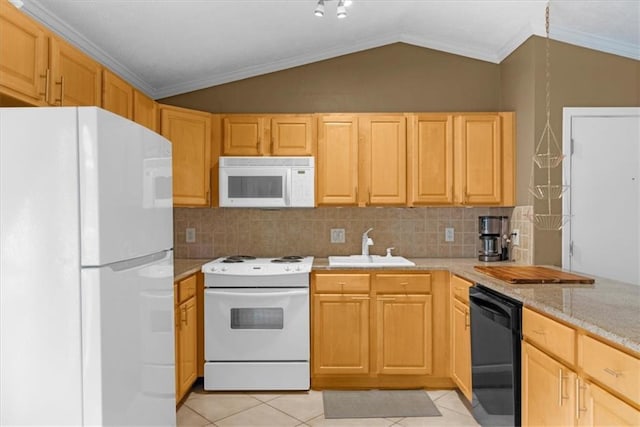 1822 N Rock Springs Rd NE Unit 24, Atlanta, GA 30324 - kitchen featuring white appliances, vaulted ceiling, decorative backsplash, light brown cabinetry, and light tile patterned floors