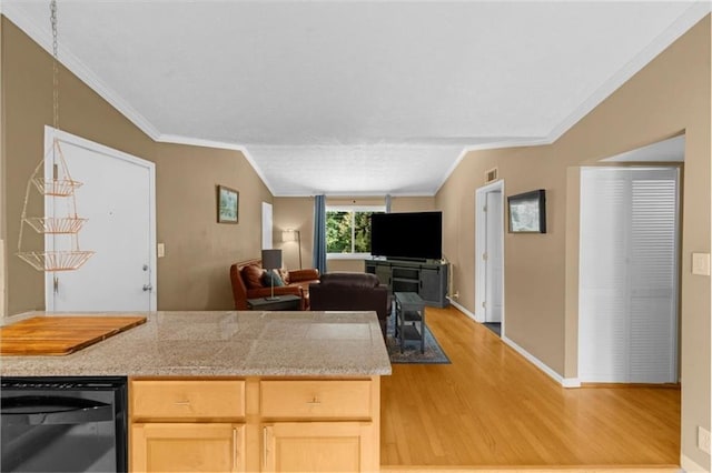 1822 N Rock Springs Rd NE Unit 24, Atlanta, GA 30324 - kitchen with light wood-style floors, crown molding, light brown cabinets, dishwasher, and open floor plan