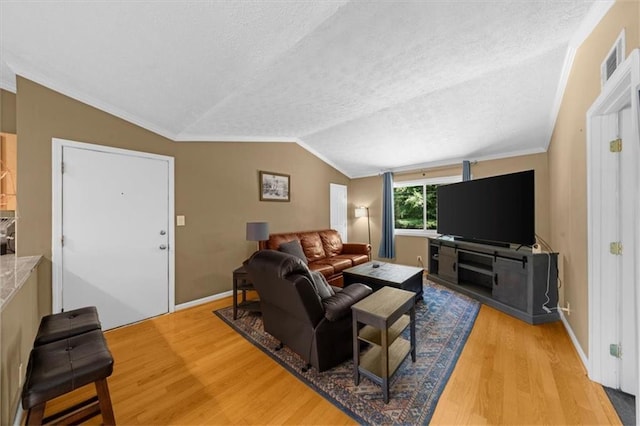 1822 N Rock Springs Rd NE Unit 24, Atlanta, GA 30324 - living room featuring vaulted ceiling, light wood-type flooring, a textured ceiling, and crown molding