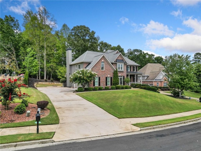 view of front of property with a front lawn, concrete driveway, brick siding, and a chimney