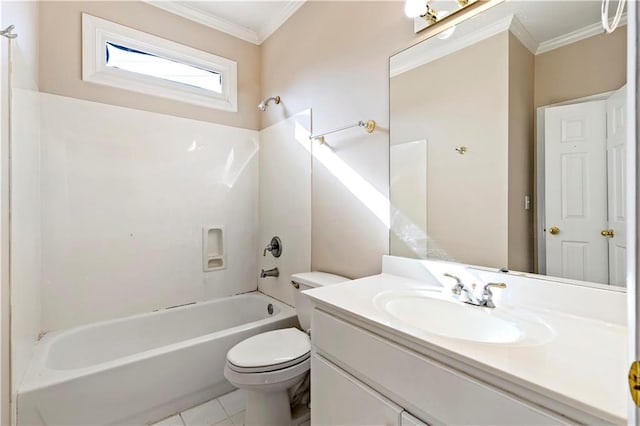 full bathroom with tile patterned flooring, crown molding, toilet, vanity, and shower / bathtub combination