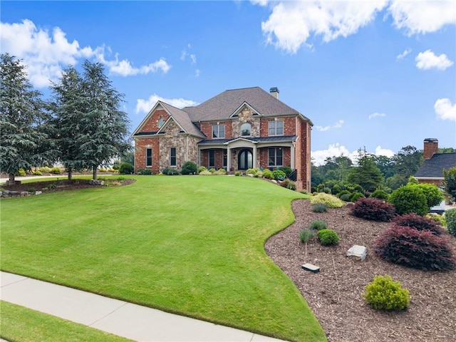 4645 Manor Dr, Gainesville, GA 30506 - view of front facade with a front lawn, brick siding, stone siding, and a chimney