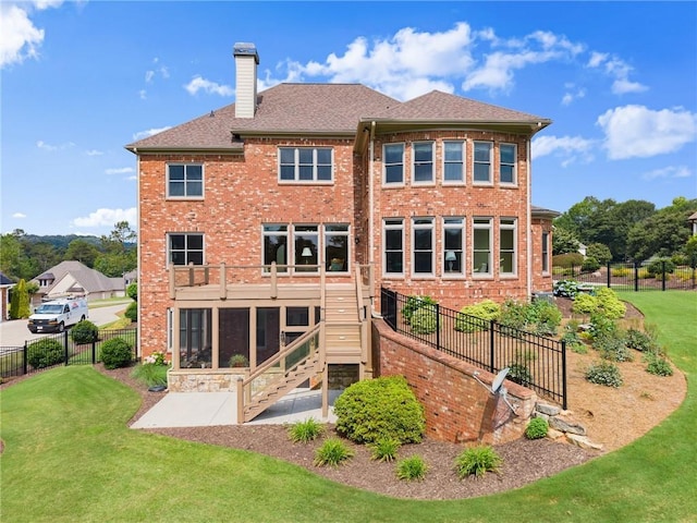 4645 Manor Dr, Gainesville, GA 30506 - rear view of property with a patio area, stairway, a chimney, a sunroom, and brick siding