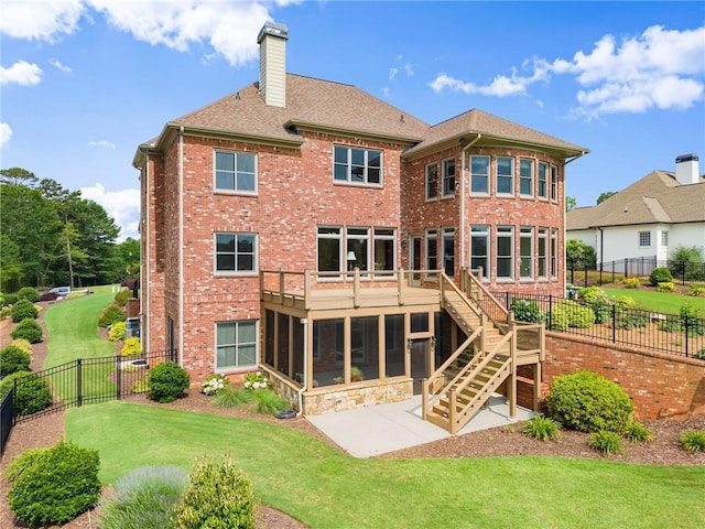 4645 Manor Dr, Gainesville, GA 30506 - back of house with stairs, a sunroom, brick siding, a chimney, and a patio area