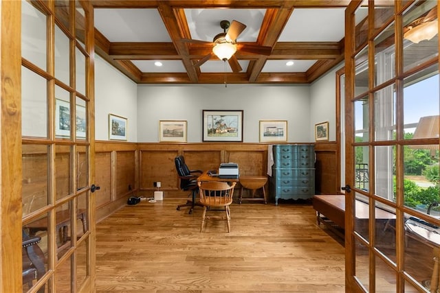 4645 Manor Dr, Gainesville, GA 30506 - office featuring plenty of natural light, wood finished floors, a ceiling fan, wainscoting, and beamed ceiling