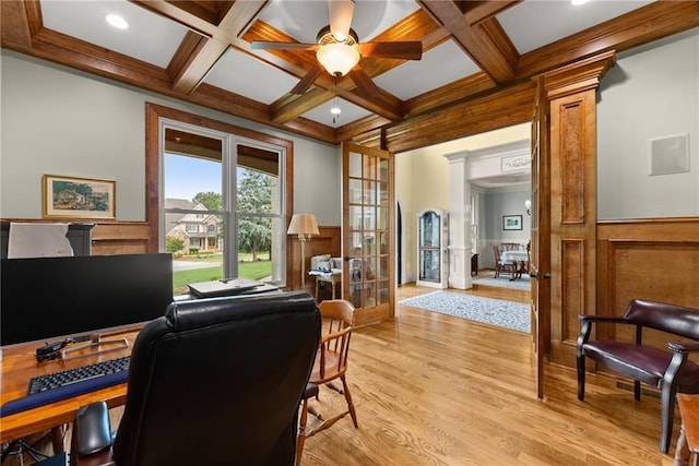 4645 Manor Dr, Gainesville, GA 30506 - office with french doors, coffered ceiling, light wood finished floors, beamed ceiling, and a wainscoted wall