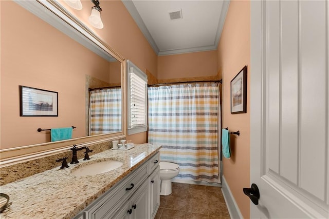 4645 Manor Dr, Gainesville, GA 30506 - full bathroom with vanity, toilet, tile patterned floors, ornamental molding, and a shower with shower curtain
