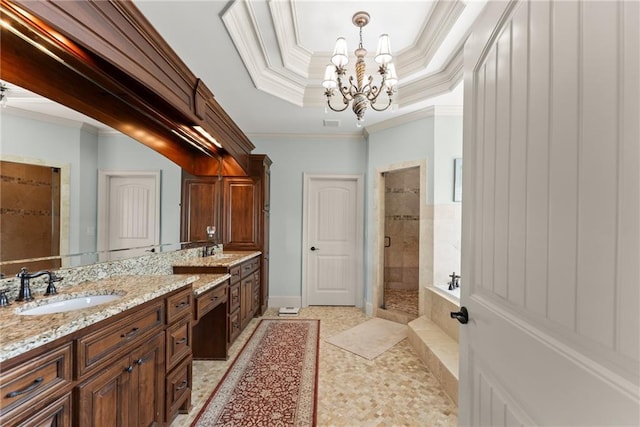 4645 Manor Dr, Gainesville, GA 30506 - full bath with ornamental molding, vanity, a chandelier, a shower stall, and a garden tub
