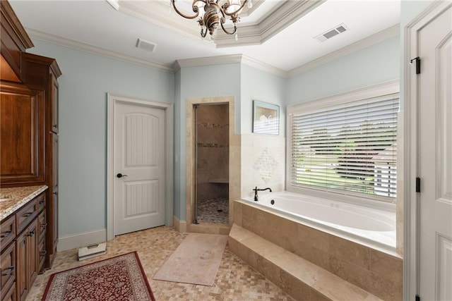 4645 Manor Dr, Gainesville, GA 30506 - bathroom featuring vanity, a bath, crown molding, a chandelier, and tiled shower