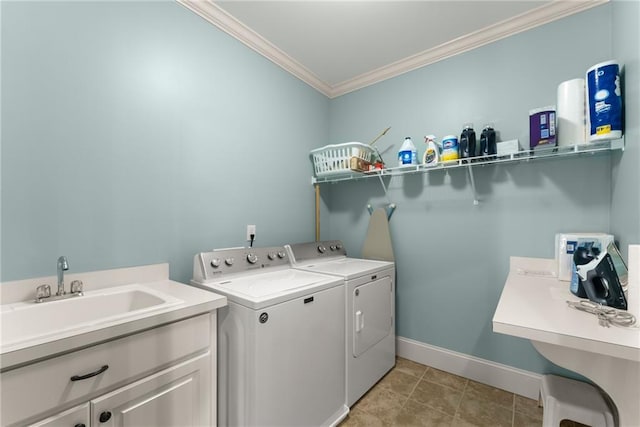 4645 Manor Dr, Gainesville, GA 30506 - washroom featuring crown molding, washer and clothes dryer, baseboards, and cabinet space