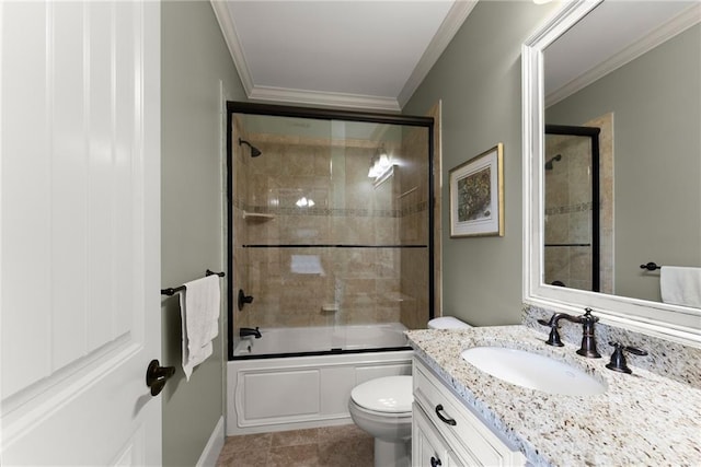 4645 Manor Dr, Gainesville, GA 30506 - full bathroom featuring vanity, toilet, ornamental molding, bath / shower combo with glass door, and tile patterned flooring
