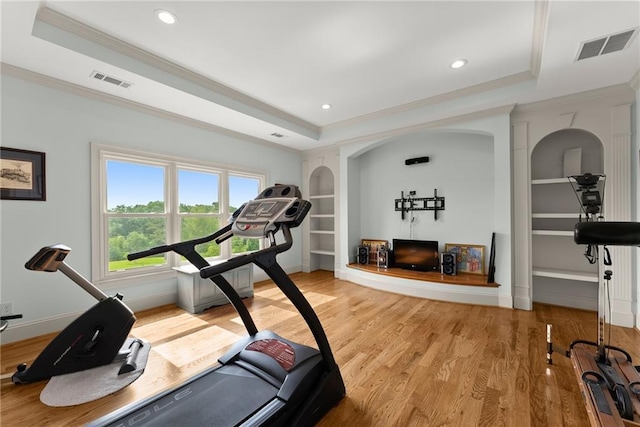 4645 Manor Dr, Gainesville, GA 30506 - exercise room with a tray ceiling, light wood finished floors, ornamental molding, built in shelves, and recessed lighting