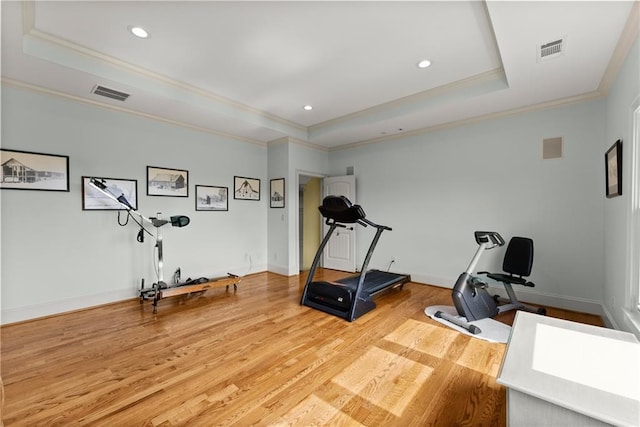 4645 Manor Dr, Gainesville, GA 30506 - exercise room with a raised ceiling, ornamental molding, wood finished floors, recessed lighting, and baseboards