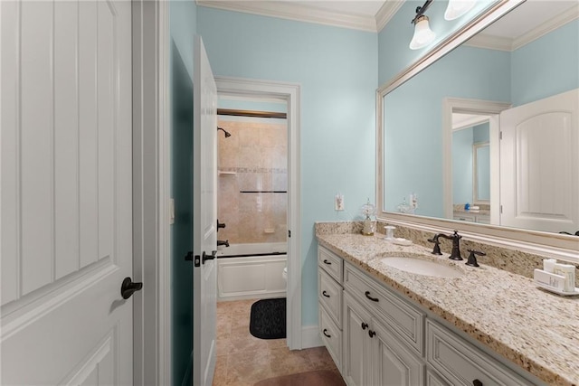 4645 Manor Dr, Gainesville, GA 30506 - full bathroom with vanity, crown molding, toilet, and shower / bathtub combination