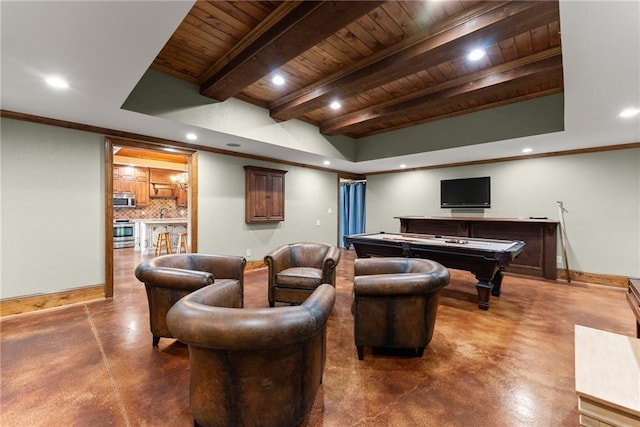 4645 Manor Dr, Gainesville, GA 30506 - playroom with concrete floors, wooden ceiling with exposed beams, recessed lighting, a raised ceiling, and baseboards