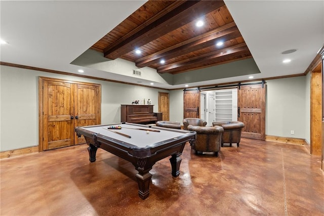 4645 Manor Dr, Gainesville, GA 30506 - rec room with finished concrete floors, a barn door, a tray ceiling, wooden ceiling with exposed beams, and billiards