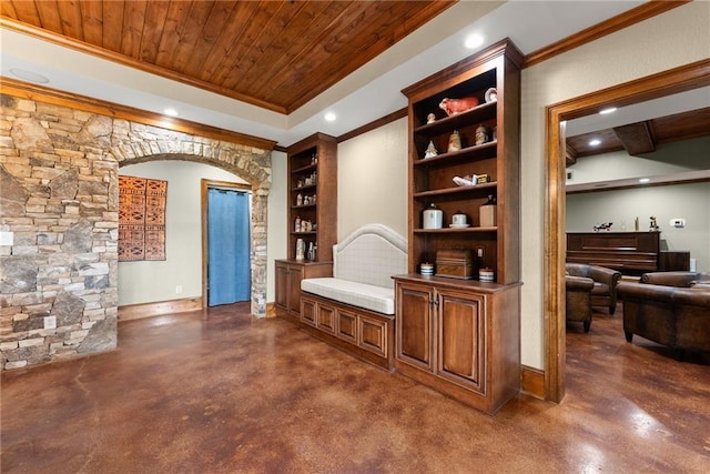 4645 Manor Dr, Gainesville, GA 30506 - interior space with finished concrete flooring, ornamental molding, built in shelves, wood ceiling, and baseboards